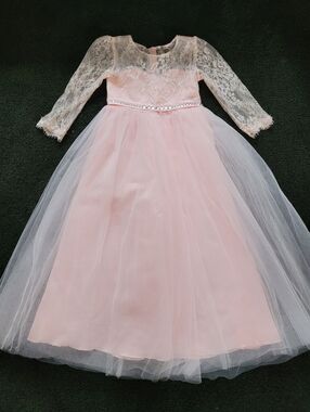 Girls' Pink Lace Tulle Dress with Beaded Waist